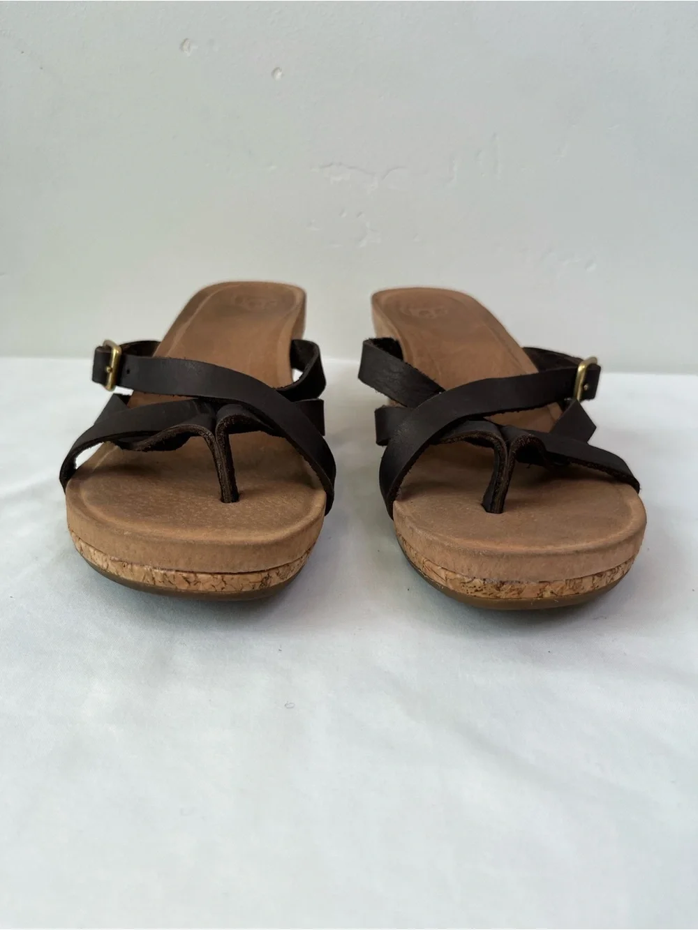 UGG Adalie Cork Wedge Thong Sandals Brown Leather Women’s Size 7.5
